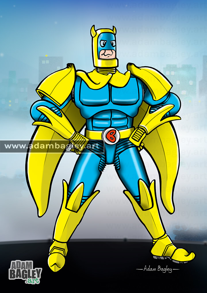 This picture is of an illustration of popular British comic book superhero Bananaman in banana-themed power armour. The suit is an original design created by artist Adam Bagley. Bananaman once featured in Nutty and The Dandy comics and now appears in The Beano comic published by DC Thompson & Co.