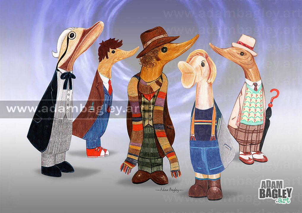 This image is of a coloured pencil crayon illustration by artist Adam Bagley. It shows a mash-up of popular collectable DCUK wooden ornament ducks and five doctors from BBC television series Doctor Who. The duckling characters from left to right are the first, tenth, fourth, thirteenth, and seventh doctors portrayed by William Hartnell, David Tennant, Tom Baker, Jodie Whittaker, and Sylvester McCoy respectively.