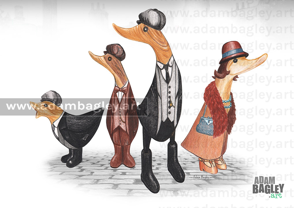 This image shows a colour pencil crayon illustration by artist Adam Bagley. The art depicts a mash-up of popular collectable DCUK wood ornament ducks and four duckling characters inspired by Birmingham based BBC television series Peaky Blinders.