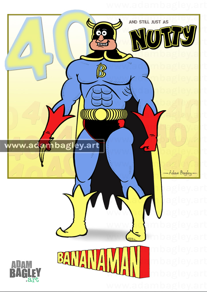 This image shows the original Nutty comic version of British comic book superhero, Bananaman. A 40th Birthday tribute by cartoonist Adam Bagley, Bananaman later moved to The Dandy comic and then progressed to The Beano.
