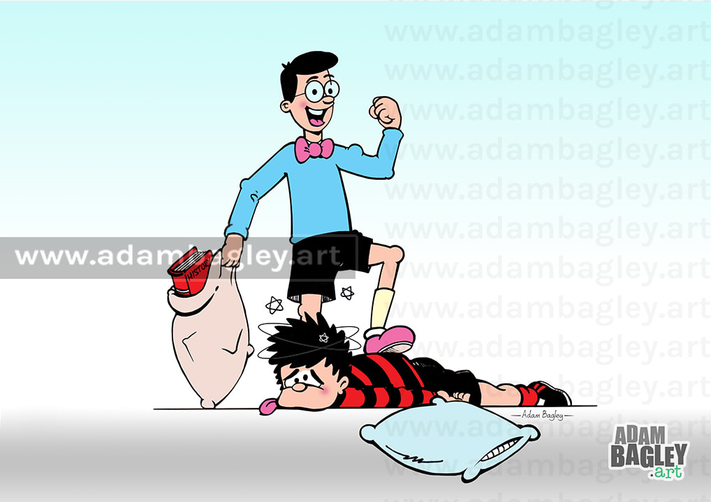 This picture is of an illustration by artist Adam Bagley showing Walter the Softy beating Dennis the Menace in a pillow fight. Both are characters from long-running and hugely popular British comic The Beano, published by DC Thompson & Co.