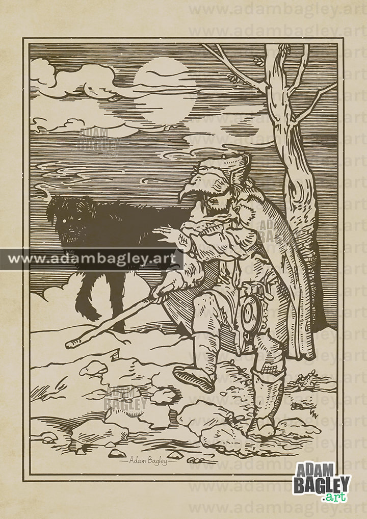 This image depicts an illustration by West Midlands artist Adam Bagley titled Beast of the Moors. It is based on a medieval woodcut print from the Danse Macabre, or Dance of Death, by Hans Holbein the Younger.