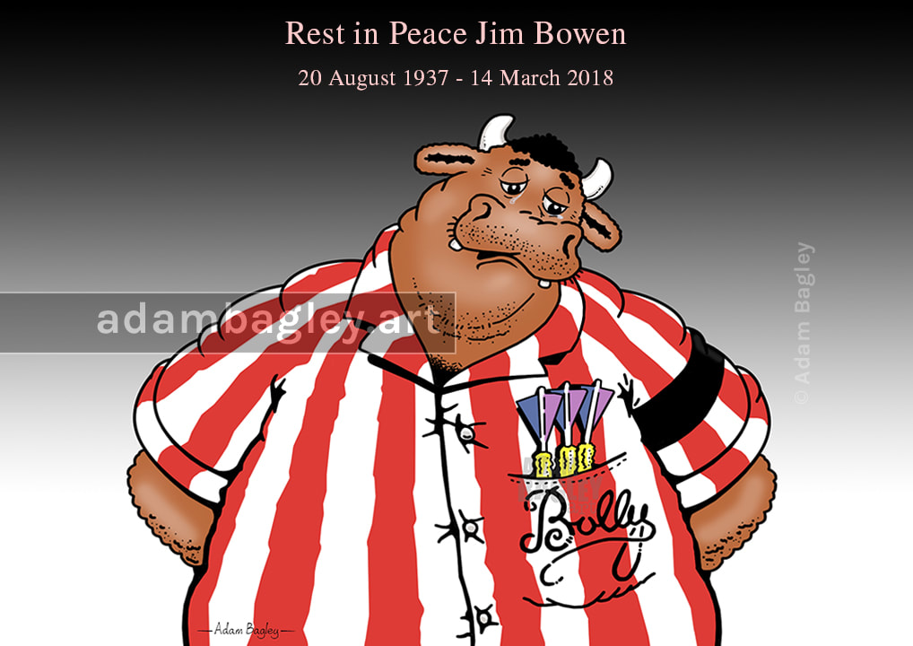 This image shows a cartoon tribute to late TV personality Jim Bowen, comedian and presenter of popular ITV darts game show Bullseye. Drawn by artist Adam Bagley, the television programme’s cartoon bull mascot Bully is tearfully mourning Jim’s passing.