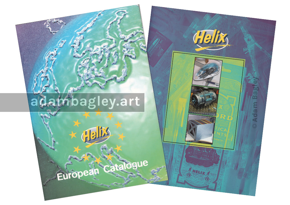 This image shows two front covers for international wholesale catalogues produced by Helix stationery with graphic design and photography by West Midlands artist Adam Bagley.