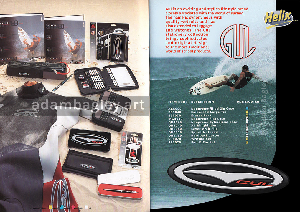 This image shows a range of Helix stationery for GUL surfing sports.  Product design, catalogue photography and wholesale promotional material by West Midlands graphic designer artist Adam Bagley.