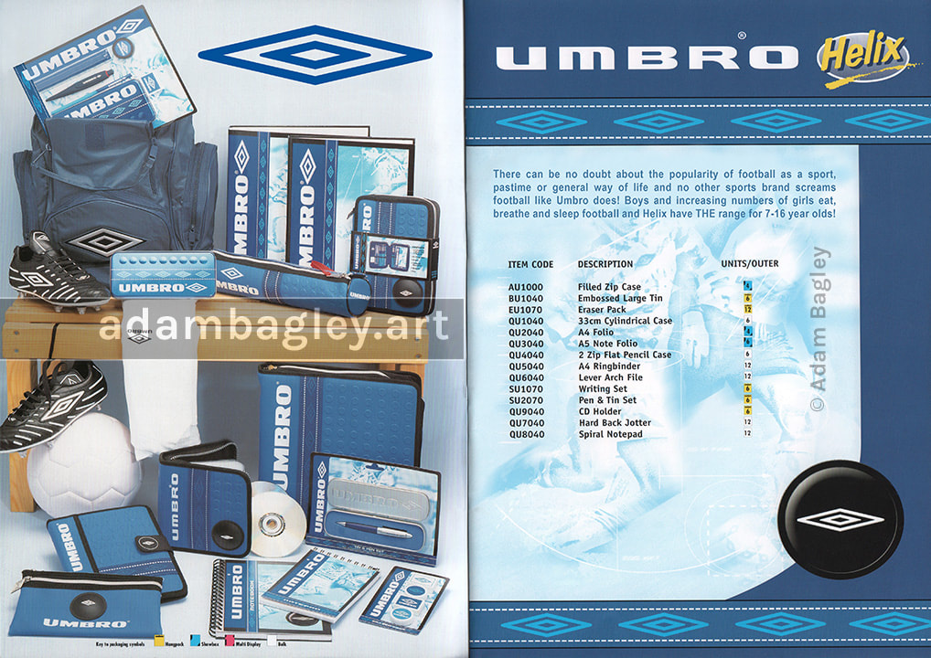 This image shows a range of Helix stationery for Umbro football sports.  Product design, catalogue photography and wholesale promotional material by West Midlands graphic designer artist Adam Bagley.