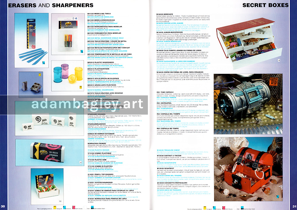 This image shows pages from international wholesale catalogues produced for Helix stationery by graphic designer and photographer Adam Bagley.