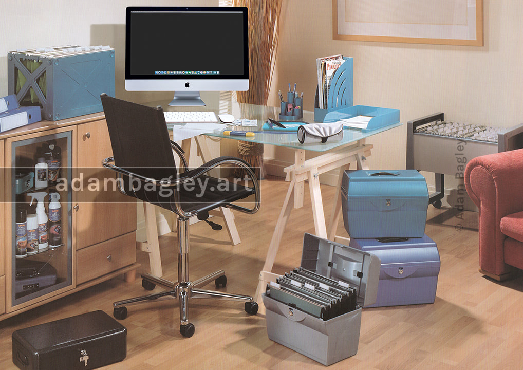 This image shows an indoor home office scene devised and constructed by West Midlands artist Adam Bagley for promotional catalogue photography.