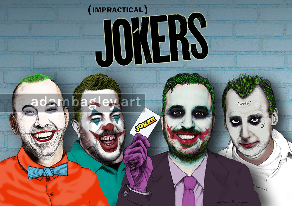 This image depicts truTV’s Impractical Jokers Joe Gatto, James "Murr" Murray, Brian "Q" Quinn, and Sal Vulcano as various versions of The Joker from the DC Batman comics and movies. Hand drawn and digitally coloured by UK artist Adam Bagley.