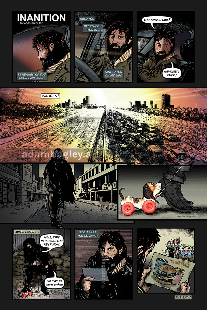 This is an image of Inanition, a story written and illustrated by the artist Adam Bagley. Set in a dystopian future following a global catastrophe, it concerns isolation, loneliness, mental illness, love, hope and despair, told across a single page in a contemporary style. Originally produced for the Tales from the Quarantine comic anthology.