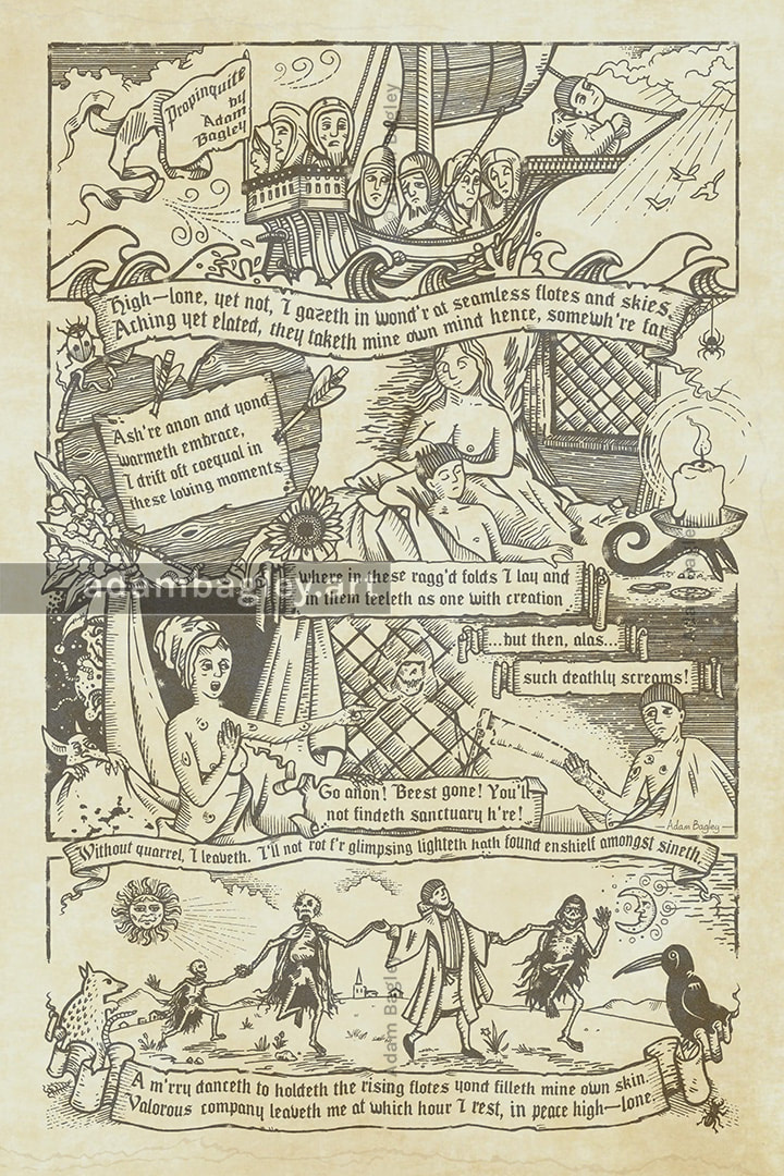 This is an image of Propinquite, a story written and illustrated by the artist Adam Bagley. Set in the Middle Ages during the Black Death, it concerns love, spirituality, disease and dying, told across a single page in a woodcut style. Originally produced for the Tales from the Quarantine comic anthology.