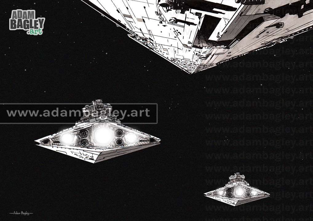 This image is of a detailed illustration of a fleet of three Star Destroyers from the Star Wars saga. This Destroyer artwork was created by artist Adam Bagley of Adam Bagley Art.