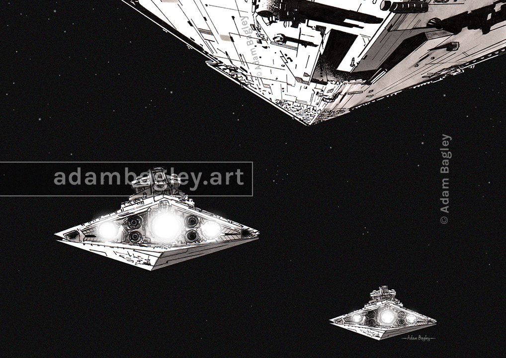 This image shows a traditional hand-drawn pen and ink illustration of a fleet of Imperial Star Destroyers based on those seen in Star Wars Episode IV: A New Hope, drawn by UK artist Adam Bagley.