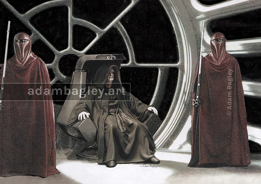 This image shows a traditional pen and ink drawing by UK artist Adam Bagley, of Emperor Palpatine in the Death Star II Throne Room, flanked by two Emperor’s Guard, based on scenes from Star Wars Episode VI: Return of the Jedi.