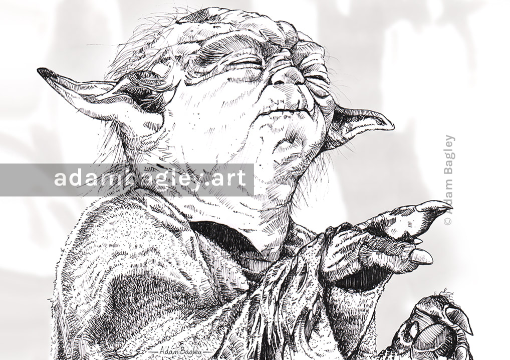 This image shows a traditional pen and ink drawing of Jedi Master Yoda based on his appearance in Star Wars Episode V: The Empire Strikes Back, by UK artist Adam Bagley.