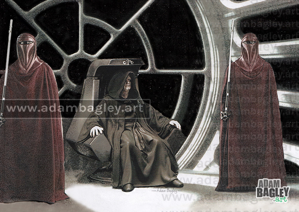 This image is of a detailed illustration depicting Emperor Palpatine and Royal Emperor's Guard in the Death Star Throne Room. Illustrator artist Adam Bagley created this Star Wars artwork.