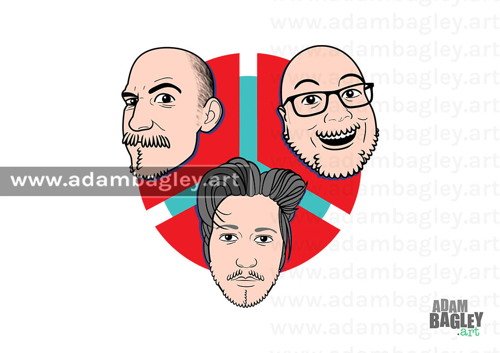 Picture of logo design for Swedish online gaming group Spela med Vänner (Gaming with Friends). Tri-logo artwork by Adam Bagley Art includes caricature illustrations of the group's founders.