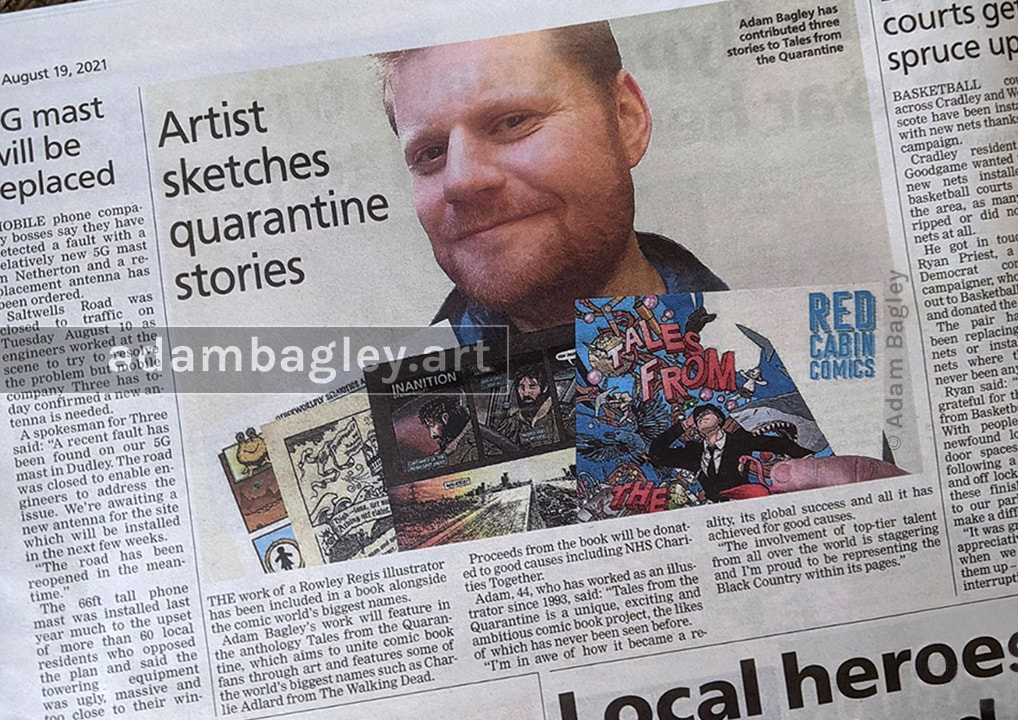 This image shows a newspaper article about Rowley Regis artist Adam Bagley’s stories and illustrations featuring in the Tales from the Quarantine comic anthology.