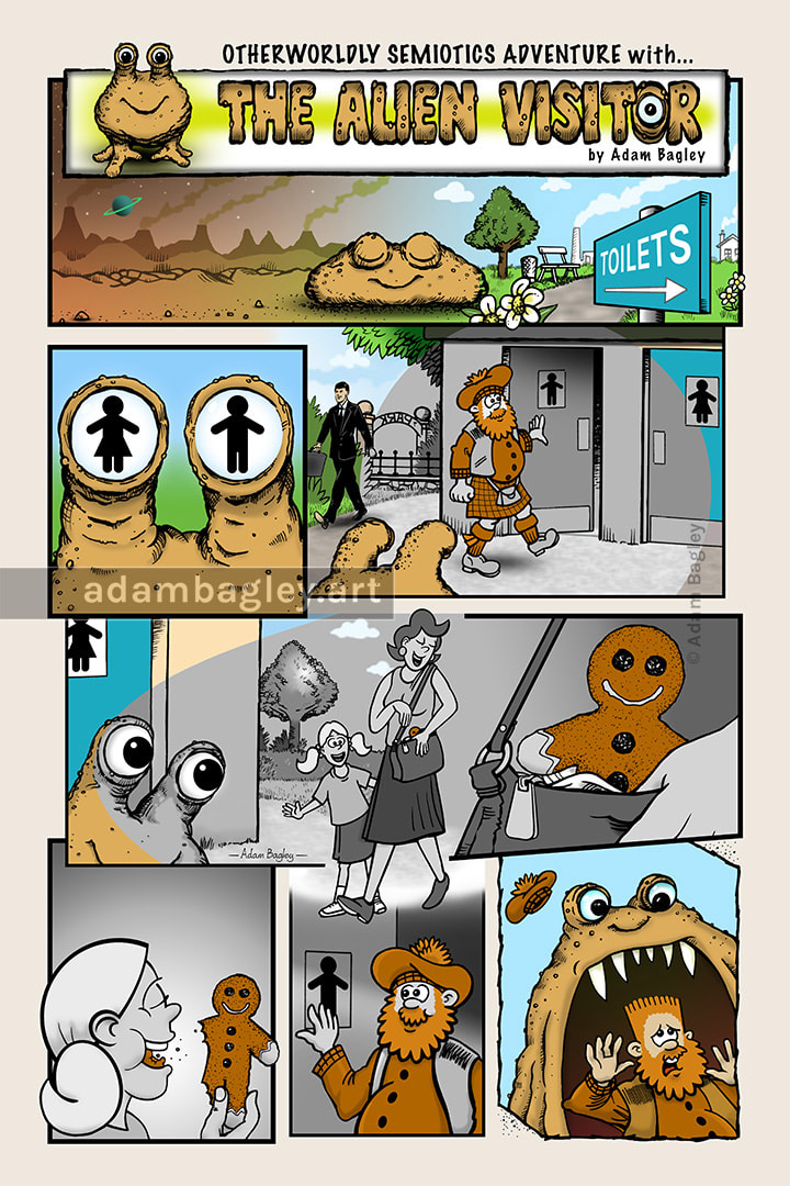 This is an image of The Alien Visitor, a story written and illustrated by the artist Adam Bagley. Set in present day, it concerns semiotics, interpreting and understanding signs and symbols, human constructs, teleportation and extraterrestrial encounters, told across a single page in a cartoon style similar to that of The Beano and The Dandy. Originally produced for the Tales from the Quarantine comic anthology.