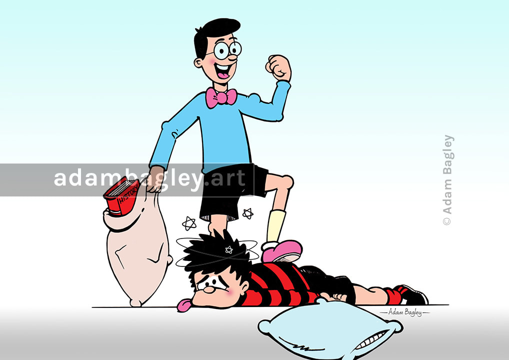 This image shows a cartoon illustration of Dennis the Menace and Walter the Softy from long-running British comic The Beano. Drawn by the artist Adam Bagley, it depicts Walter beating Dennis in a pillow fight.