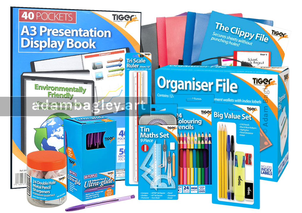 This image shows a variety of Tiger Stationery products with packaging by graphic designer, photographer and artist Adam Bagley.