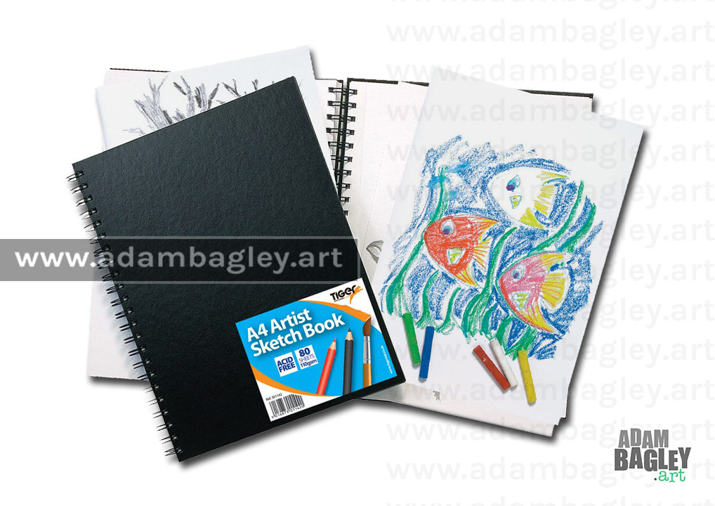 This image shows label design artwork and catalogue photography for own brand A4 Artist Sketch Book product by Tiger stationery in West Bromwich, West Midlands. range   Produced by graphic designer artist Adam Bagley of Adam Bagley Art.