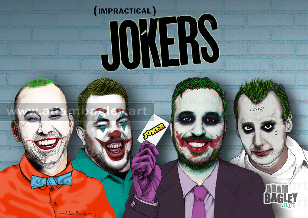 This image depicts an illustration of truTV's Impractical Jokers as movie versions of Batman’s nemesis The Joker from DC Comics. By artist Adam Bagley, it shows James "Murr" Murray, Salvatore "Sal" Vulcano, Brian "Q" Quinn, and Joseph "Joe" Gatto.