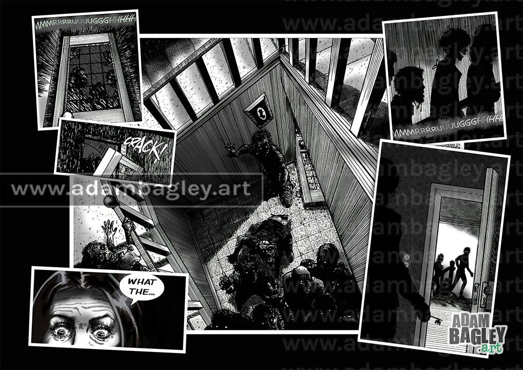 This is an image of hand-drawn pen and ink artwork by Adam Bagley, for a zombie themed comic.