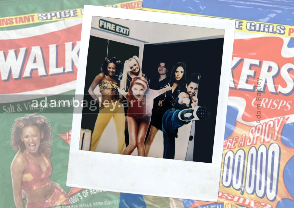 This image shows the visual communication artist Adam Bagley stood amongst Spice Girls standees for a Walkers Crisps promotion.