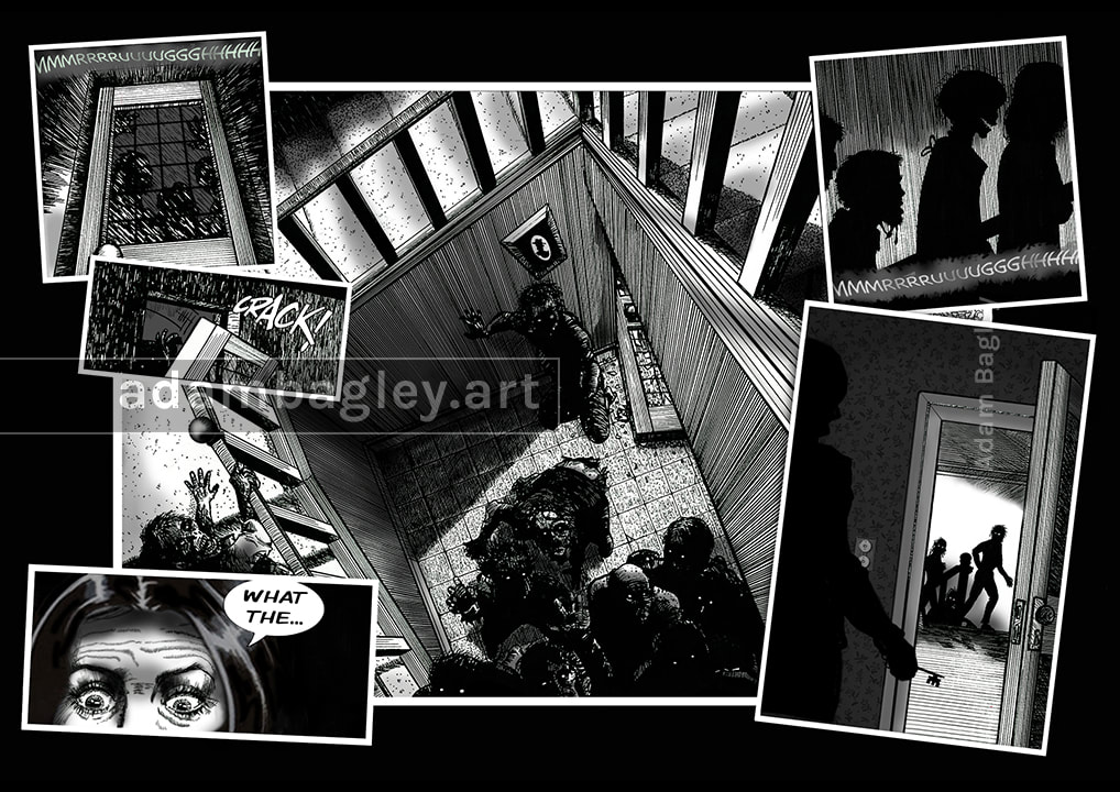 This is an image of pages from a cancelled zombie themed graphic novel. Created by artist Adam Bagley, it depicts walking dead and human characters in scenes of terror and suspense, drawn in a noir black and white style.